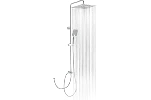 OFFO Shower Riser Rail Kit, with 10"(25cm) Square Stainless Steel Rainfall ShowerHead and Handheld, 1.6m Hose, Shower Column for Bathroom, Chrome
