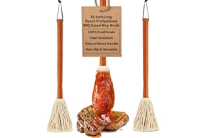 TOPULORS 16" BBQ Sauce Basting Mops & Brushes for Roasting or Grilling, Apply Barbeque, Marinade or Glazing, Cotton Fiber Head and Hardwood Handle, Dish Mop Style, Perfect for Cooking or Cleaning - Pack of 3