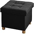 BRIAN & DANY Folding Ottoman Storage Box with Wood Legs, Linen Foot Stool, Footstool with Storage, Highly Elastic Sponge Filling, Black, 38 x 38 x 38 cm