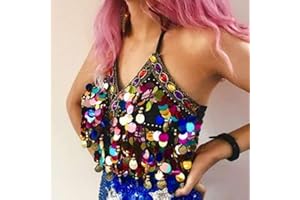 Sethain Boho Sequin Tassel Crop Top Belly Dance Bra Coin Bikini Rave Costume for Women Girls