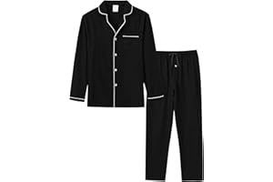MoFiz Pyjama Homme Coton Ensemble de Pyjamas Col V avec Boutons Hiver Long Vêtements de Nuit Manche Longue Hauts et Pantalon de Pyjama
