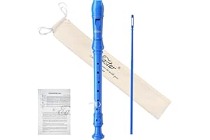 Eastar Flûte à bec soprano pour débutants, enfants, flûte à bec allemande en clé de do, nettoyage, support de pouce, sac en coton, tableau des doigtes, bleu, ERS-21GB