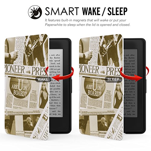 MoKo Kindle Paperwhite Hülle – Ultra Leightweight Schutzhülle Smart Cover mit auto Sleep / Wake Funktion für Alle Kindle Paperwhite (2016 / 2015 / 2013 / 2012 Modelle mit 6 Zoll Display), Zeitung Beige - 5