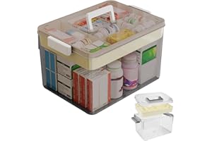 ADERTOS Boîte à Médicaments Boîte à Pharmacie Organisateur de Premiers Soins Armoire à Pharmacie Portable avec Poignée Boîte de Rangement à Médicaments en Plastique à 2 Couches (Marron transparent)