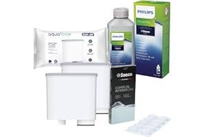 WESSPER Zestaw do Czyszczenia Ekspresu Philips oryginalne Tabletki Odtłuszczające, Odkamieniacz w Płynie Decalcifier 250 ml oraz 2 Zamienne Filtry Aquafloow, zamiennik dla Saeco AquaClean