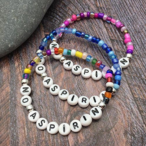 NO ASPIRIN Medical Alert - Glass Seed Bead Bracelet - Choice of 4 Colours - Child, Adult and Plus Sizes