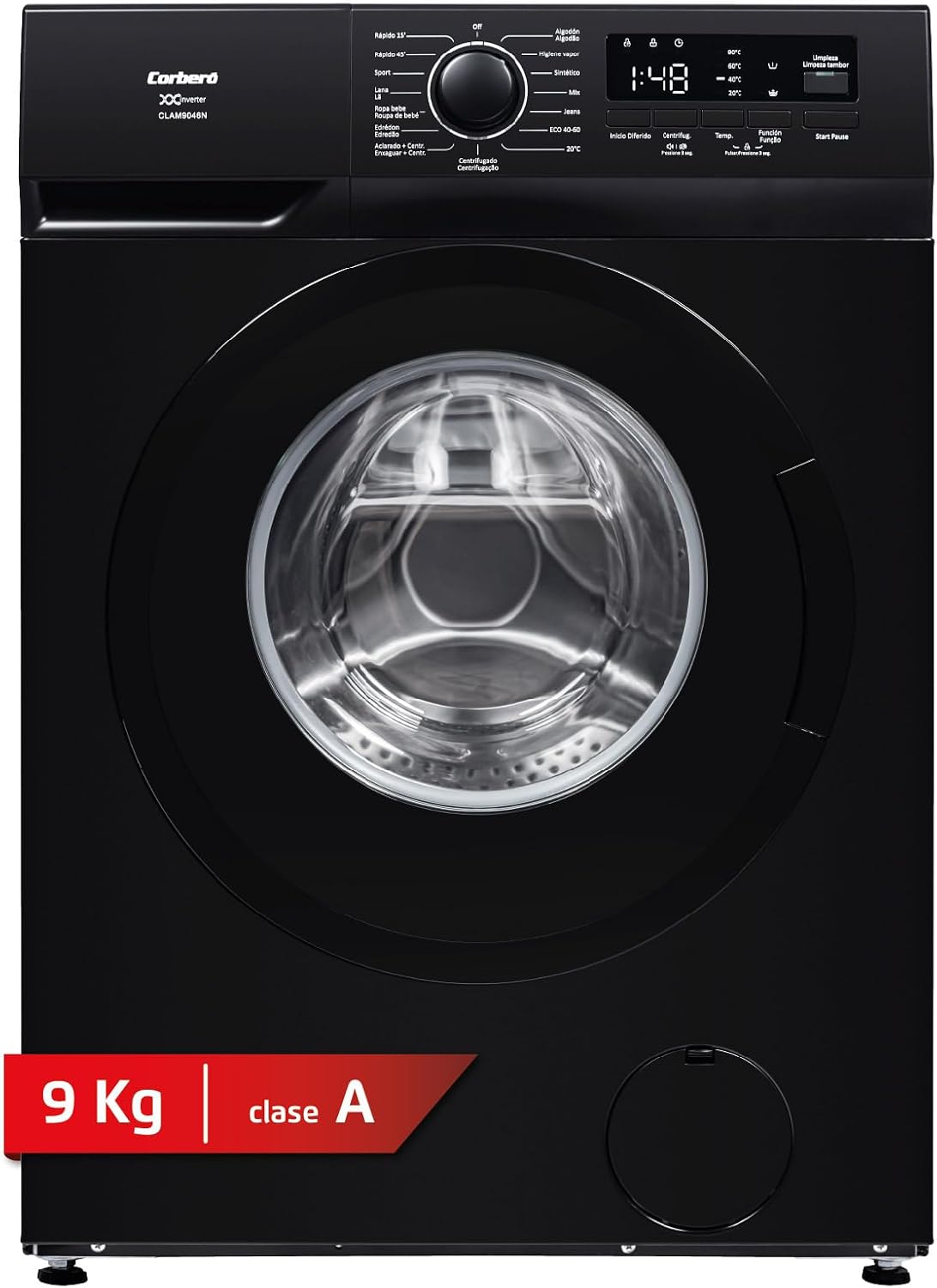 Corberó - Lavadora Premium 9kg | CLAM9046N | 1350 rpm | Motor Inverter | Función Vapor| Función Eco | Incio Diferido | Lavado Rápido 15 min | Display Touch | Negro