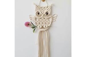 Yulakes Arazzo da parete con gufo macramè, in cotone, fatto a mano, decorazione da parete in tessuto, decorazione da parete in tessuto bohémien, decorazione per la casa boho (beige)