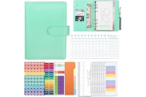 Budget Planner Ambolio 90PCS Budget Binder A6 Ringbuch Binder Taschen ​mit Budgetblätter, Binderumschlägen, Wochenplaner, Schreibpapier, Etikettenaufkleber, Kategorie Aufkleber (Grün)