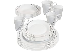 BARGAINS-GALORE 16PC Dinner Set Bowl Plate Mug Soup Side Porcelain Cup Gift Kitchen Service New (Black Patterns)