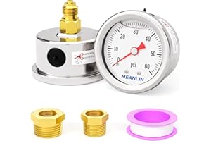 MEANLIN MEASURE 0-4BAR/60Psi Acciaio inox 1/8"BSP 1,5"FACE DIAL, manometro riempito di glicerina, riempito di liquido, montaggio posteriore, con boccola esagonale 1/8"x 1/4"BSP e 1/8"x 3/8"BSP