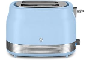 Swan ST19028BLU Retro 2 Slice Toaster with 6 Browning Levels for Toast, Bagels, Breakfast Muffins, Defrost/Reheat/Cancel, Hidden Cord Storage, Non-Slip Feet, 930W, Blue
