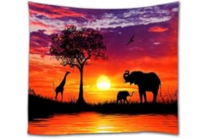 A.Monamour Arazzo da Parete Grande Mandala Sagoma di Animali Africani Elefante Giraffa Albero al Tramonto Cielo Colorato Telo Tessuto Tenda Tovaglia Copriletto Copridivano Arazzi Murale Decorazione