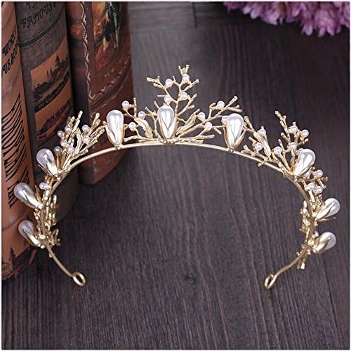 GWQ Bride Wedding Crown Pearl Headband Crown Holy Communion Headdress Studio Hair Accessories (Golden)