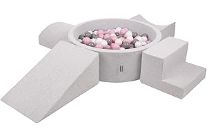 KiddyMoon Area di Gioco in Schiuma con Tondo Piscina di Palline (300 Palline) per Bambini, Grigioch:Bianco/Grigio/Rosa Chiaro