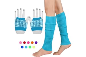 INGJIA Fishnet Gloves, Elastic Neon Leg Warmers and Mesh Gloves Set 80s Costume Accessories (Blue 1)