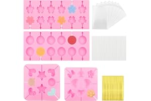 XIACIBDUS 4 Pezzi Stampi per Lecca-lecca in Silicone, Riutilizzabile Silicone Lollipop Mold Stampo con 100 Bastoncini Lollipop 100 Sacchetti e 100 cravatte d'oro, per Fare Cioccolatini Biscotti Lecca