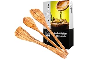 Schwertkrone - Set di cucchiai da cucina, in legno d'ulivo, spatole da cucina, cucchiaio da risotto, a punta e arrotondati (set da 3 pezzi)