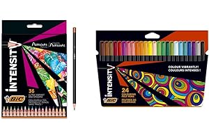 BIC Intensity Crayons de Couleur, Idéal Pour Adultes, Couleurs Assorties, Etui Carton de 36 crayons & Intensity Feutres de Coloriage Encre Lavable à Base d'Eau - Corps Noir - Pack de 24