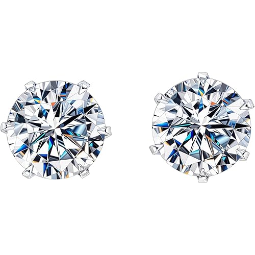 HIGHSPARK 925 Silver Solitaire Stud Earrings | 92.5 Sterling Silver & Round Brilliant Cubic Zirconia Tops for Men Women