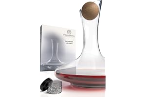 PLAISIR DE LA CAVE Decantador de Vino con Accesorios (Tapón de Corcho + Bolas Limpiadoras) - Jarra de Cristal 100% Sin Plomo - Oxigenador y Aireador para su Tinto - Regalo Original y Decorativo