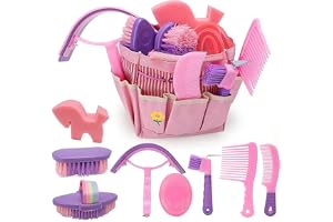 IDUNSEED 9-Delat Hästskötselkit För Barn Med 8 Tillbehör Och 1 Förvaringsväska, Leksaksskötselset För Hobbyhästar, Rosa Och Lila, Hästborstar, Borstborstar, Hästskötsel, Skötseltillbehör