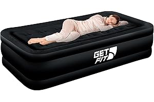 Get Fit Air Bed with Built In Electric Pump - Premium Single Size - Blow Up Bed with Free Pillow - Elevated Inflatable Air Mattress for Outdoor, Camping, Tents - Black Mono