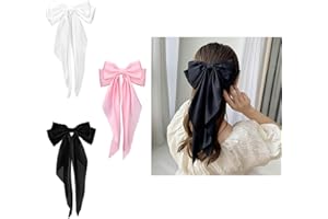 ZHDWC Satin Hair Bows, Big Bow Barrettes, Silky Satin Hair Bows 3 PCS Bow Set with Long Ribbon, Bow Metal Spring Clip, Long Tail Hair Tie, Ponytail Clip, French Hair Clip, Women's Hair Accessories.