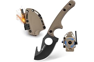 SPITZKANTE Cuchillo de Supervivencia HO-YN – Mini cuchillo de hoja fija para exteriores con clip giratorio de 360°, hoja de 6,2 cm, silbato integrado, cadena de bolas, hoja negra y mango caqui