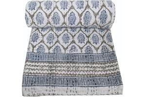 YUVANCRAFTS Indian Hand Block Print Kantha Quilt Cotton Kantha Throw Blanket Indian Bedspread Kantha Bed Cover Queen Size Quilt (Multi Floral, Queen 90 X 108 Inch)