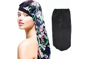 WUERKIYA 2 Piezas Gorro de Dormir Gorro Largo de Satén Gorro de Seda Para Dormir Gorro de Dormir Ajustable Gorro de Seda Gorro de Dormir Banda Elástica para Mujeres y Niñas (Negro, Flor)-2