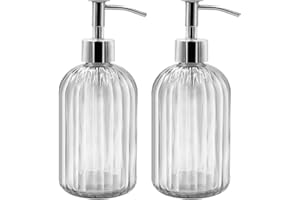 GCCL 2 Pack Glass Soap Dispenser Bottle with Pump, 14 Oz Refillable Liquid Hand Jar Dispenser for Bathroom, Countertop, Kitchen, Laundry Room (Transparent)