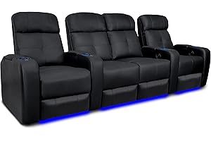 VALENCIA THEATER SEATING Valencia Verona Home Theater Seating | Premium Top Grain Italian 9000 Leather, Power Recliner, Power Headrest, LED Lighting (Row of 4 Loveseat Center, Black)