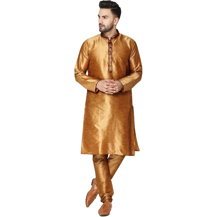 Ensemble Kurta Pyjama Pour Homme - Soie Art Dupion, Broderies, Manches Longues, Style Ethnique Indien