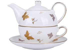 fanquare Juego de Té para Una Persona con Mariposa de Oro, Juego de Tetera con Taza de Café y Platillo, Porcelana