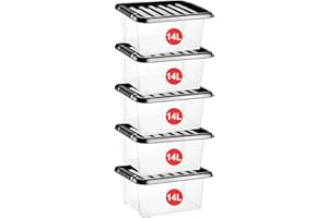 RelianceUK 14L Plastic Storage Boxes with Lids (14 Litre / 5 Pack) | Stackable Boxes with Black Lid and Clear Containers for Home Kitchen | Storage Tubs for Office Accessories