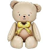 XXL Bear Balloons, Cream with Gold Bow, Foil B&auml;r Ballon, Bear Party Themed Balloons, Standing Balloon for Birthday Party Deco