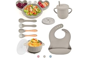Bwaliffury Vajilla Bebe Silicona 10 Piezas, Juego Vajilla Bebe, Plato Con Ventosa para Bebés, Cuenco Con Ventosa, Babero Silicona Bebe, Taza de Agua Potable para Bebés, Cuchara/Cuenco, Sin BPA (gris)
