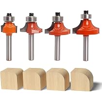 4-Piece Roundover Router Bit Set – 1/4 Shank With Bearings, C3 Carbide, Teflon Coated – 3/8, 5/16, 1/4, 1/8 Inch Radius – For Wood, MDF & Acrylic