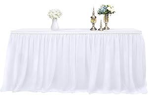 CHIGER Tulle Table Skirt High-end Gold Brim Mesh Fluffy 2 Yards Tutu Table Skirt For Party,Wedding,Birthday Party&Home Decoration (White, 6FT X 0.8M)