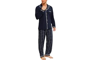 Bresdk Pijama Hombre Invierno Algodon Ropa de Dormir con Botones Pijamas Largos Manga Larga Dos Piezas