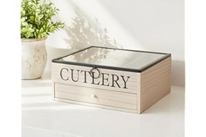 Maison Des Cadeaux Portautensili vintage in legno a 5 scomparti, portaposate e utensili da cucina, scatola organizer per stoviglie, coperchio con finestra, cassetto facile da pulire (US380)