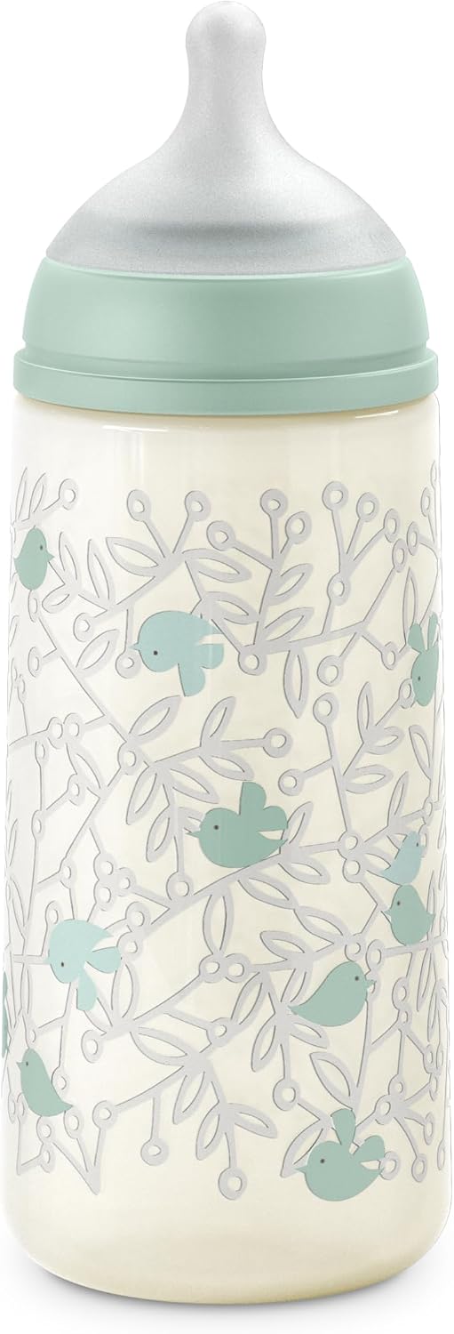 Suavinex, Biberón Anticólico de 360 ml con Tetina Fisiológica SX Pro de Silicona, de Flujo Denso (L), para Líquidos Densos, Apto Papillas Líquidas. Bebés +6 Meses. Birdies, Verde