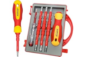 HOUSERAN Śrubokręt izolowany, zestaw narzędzi dla elektryków z etui, 1000 V, śrubokręt z wymiennymi ostrzami, czerwony, HR-023