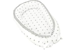 PIMKO Réducteur Lit bébé 2 côtés bébé Cocon - Baby Nest Nourrissons Lits bébés cocons 100% Coton pour lit pour Nouveau-né Nid de bébé (Motif Fleurs - Rose) (Blanc avec Étoiles Grises)