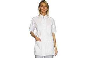SNV Blouse medicale Femme 100% Coton Blouse Blanche Chimie Manche Courte avec Encolure Officier + 3 Poches Blouse Chimie, infirmière instituts hospitaliers