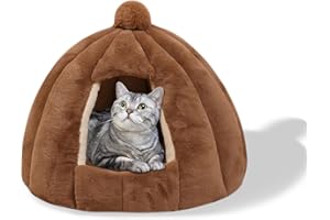 Galatée Lit De Grotte pour Chat, Coussin Lavable, Igloo en Peluche Doux Et Confortable avec Intérieur Amovible pour Animal De Compagnie (M, Brun)