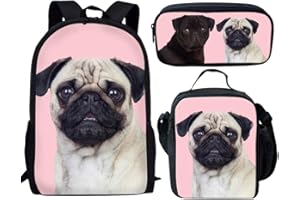 Showudesigns Kids Backpack Lunch Bag Set for Girls Cute Pug Rucksack Dog Bookbags with Lunch Box Pack Pencil Case Primary Child Junior School Bag Pink