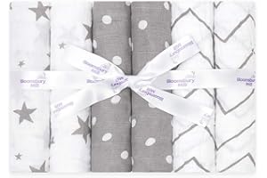 Bloomsbury Mill - Muselinas Bebe Algodon Organico - 70x70 (Paquete de 6) - 100% Algodón Orgánico Puro - Gasas para Bebes - Manta Muselina Grande para Bebes Recien Nacidos – Gris y Blanco