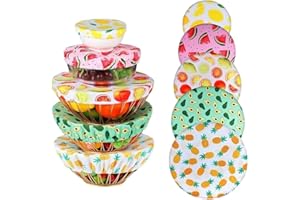 Kellegour 5 Pièces Couvercle en Tissu Alimentaire,Couvre Bols Réutilisables,Couvercles Extensibles,Housse élastique pour Aliments,Couvercles Réutilisables pour Bols,Pots,Tasses(Motif Fruits)